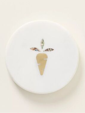 Anthropologie White Briar Marble Coaster with Gold Carrot Mother of Pearl Inlay